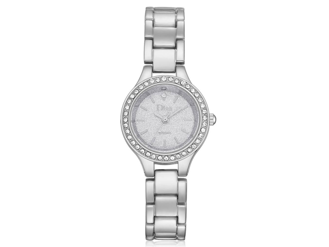Relógio feminino Disu de quartzo em liga metálica com elegantes strass (branco prateado)