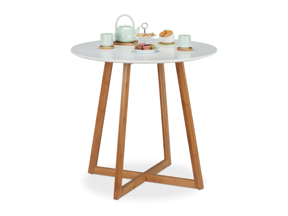Mesa De Jantar Redonda Escandinava Para 2 Pessoas, Bambu E Mdf Branco