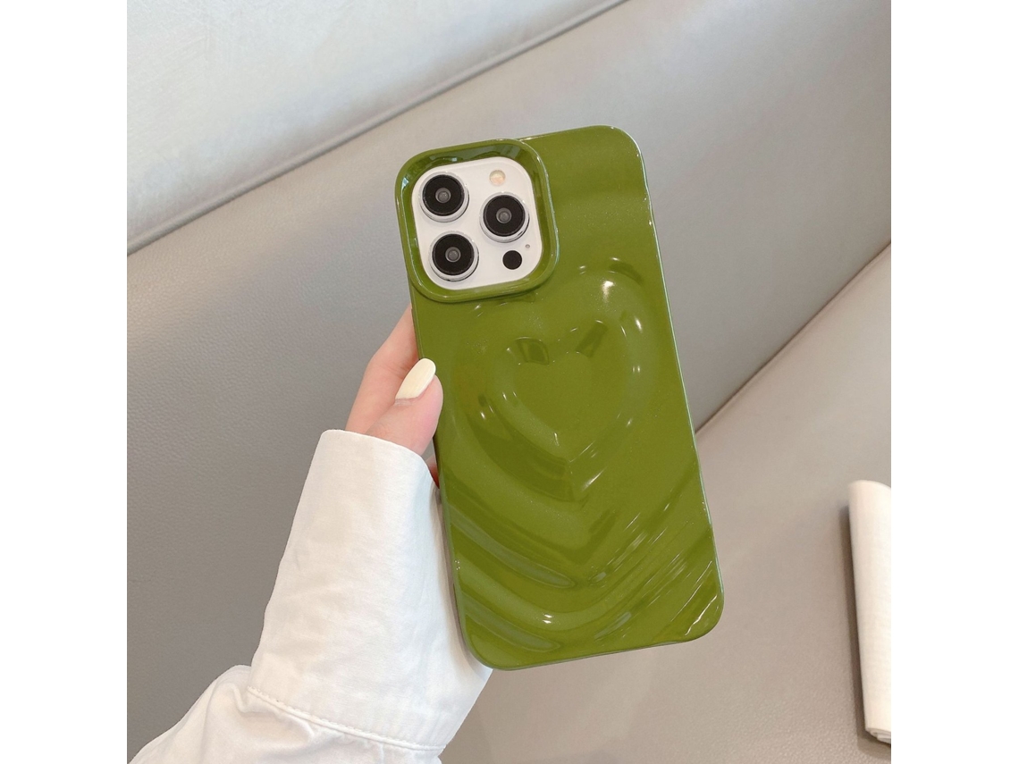 Capa Para Iphone 17 Pro Max Verde Simples Com Coração Laqueado E Ondas Plissadas