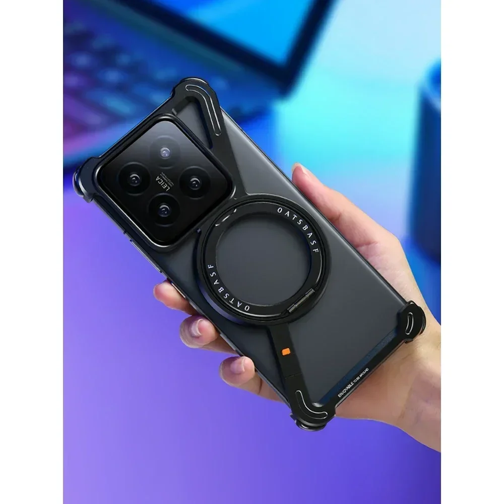 Capa Para Celular Xiaomi 14 Preta, Em Liga De Alumínio, Sem Moldura, Com Suporte Giratório De 360°.