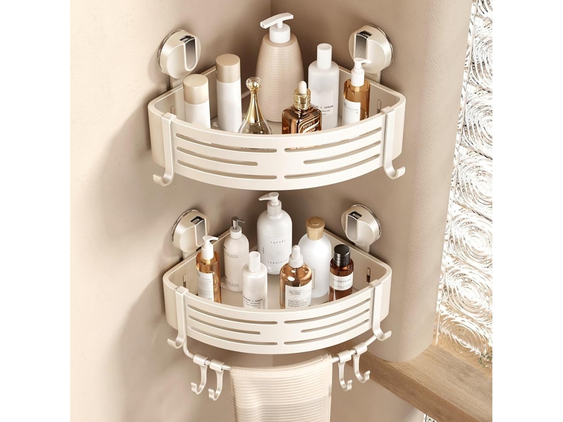 Prateleira De Chuveiro De Canto Com Ventosa,2 Níveis Sem Furação Com Toalheiro E Ganchos Para Organização Do Banheiro,suporte Para Gel (branco)
