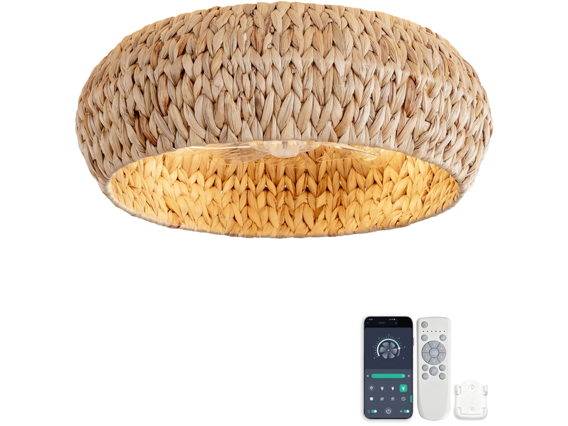 Ventilador De Teto Embutido 19 Polegadas Com Design Em Rattan, Pás Abs, Controlo Por Aplicação E Seis Velocidades