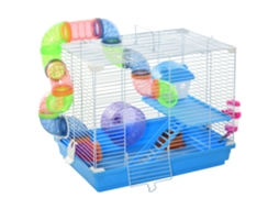 Gaiola de Hamster de 2 Andares com Tanque de Água, Bandeja Removível, Túnel e Roda para Hamsters, 46x30x37cm, Azul e Branco Ge