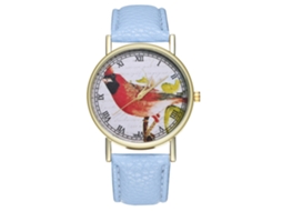 Relógio feminino de quartzo com pulseira de couro PU, estampa de pássaros azul claro, estilo casual.