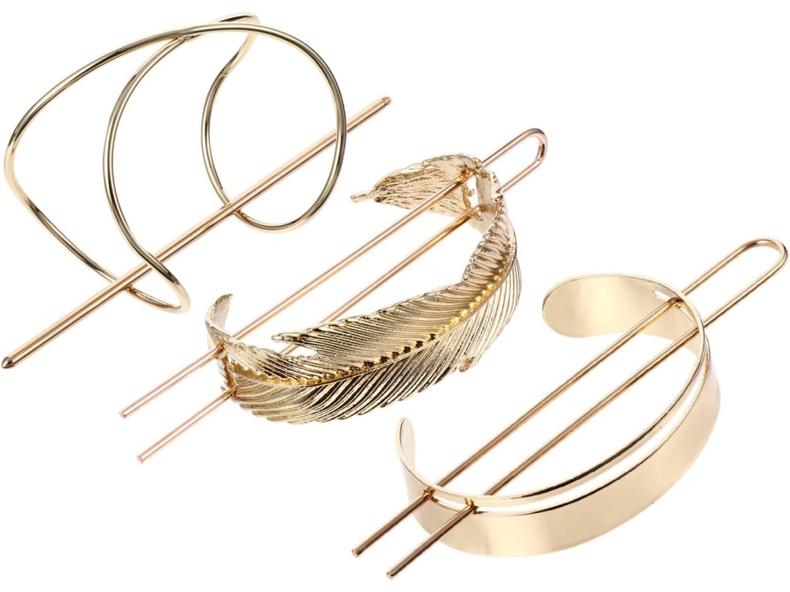 Conjunto de 3 acessórios para cabelo da Liga de Ouro: presilhas e palitos.