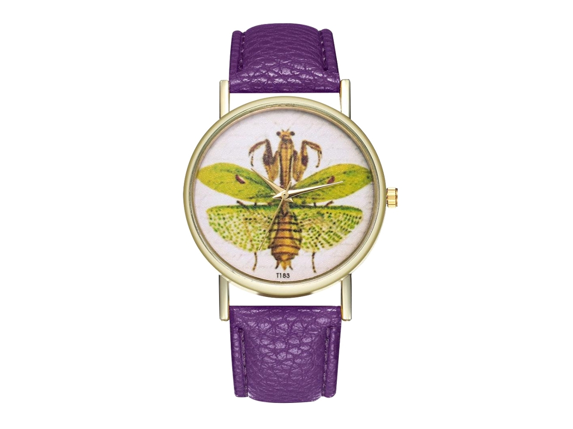 Reloj Unisex De Cuarzo Con Correa De Cuero Pu Y Dial Romanos Patrón Insecto Morado Zhoulianfa