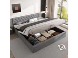 Cama Estofada Veludo 180x200 Botões Hidráulica Cinza