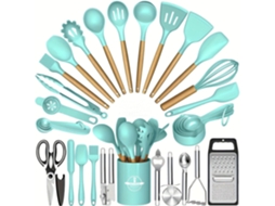 Conjunto De Utensílios Cozinha 45 Peças Com Alças Madeira, Silicone Resistente Ao Calor