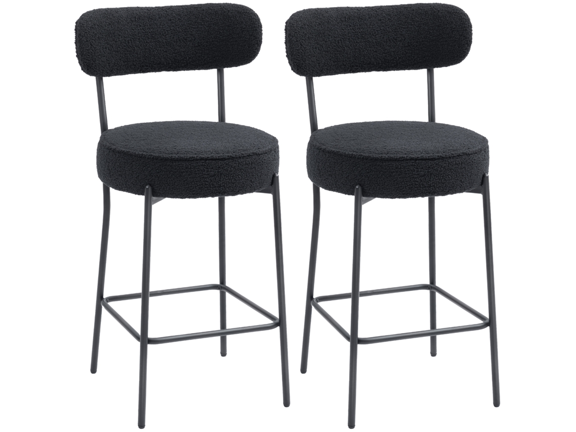 Conjunto de 2 cadeiras de bar, com assento e apoio para os pés, estofadas, capa de fleece, estrutura metálica, Preto | S/MARCA