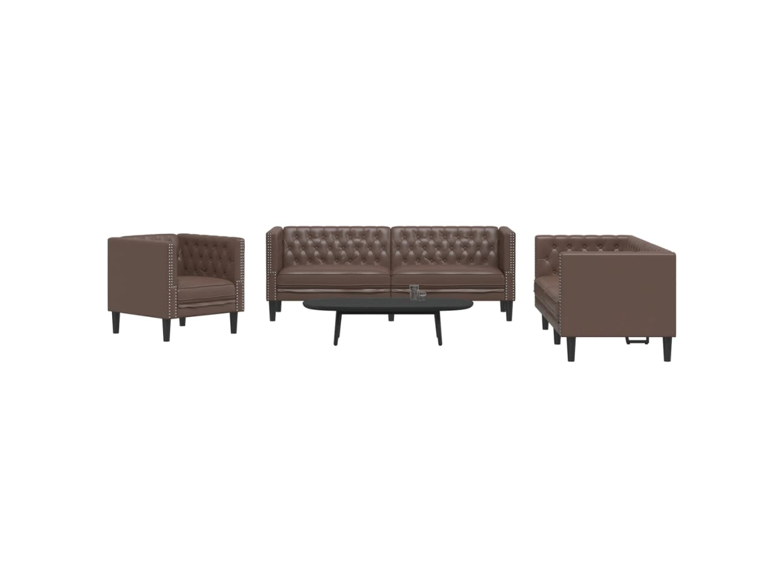 Vidaxl 3 Pcs Conjunto De Sofás Chesterfield Couro Artificial Castanho