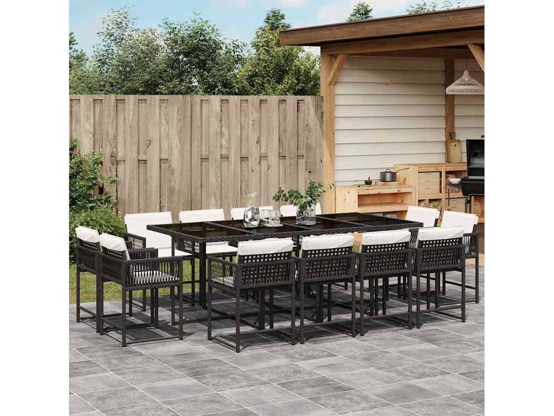 Vidaxl 13 Pcs Conjunto De Jantar P/jardim Com Almofadões Vime Pe Preto