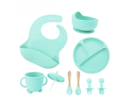 Conjunto de Utensílios em Silicone para Alimentação Infantil, com Ventosas na Base, 8 Peças Verde PANOONA