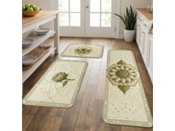 Conjunto De 3 Tapetes Cozinha Com Estampa Girassóis, Design Floral, Geométrico Moderno, Cor Verde Primavera, Laváveis