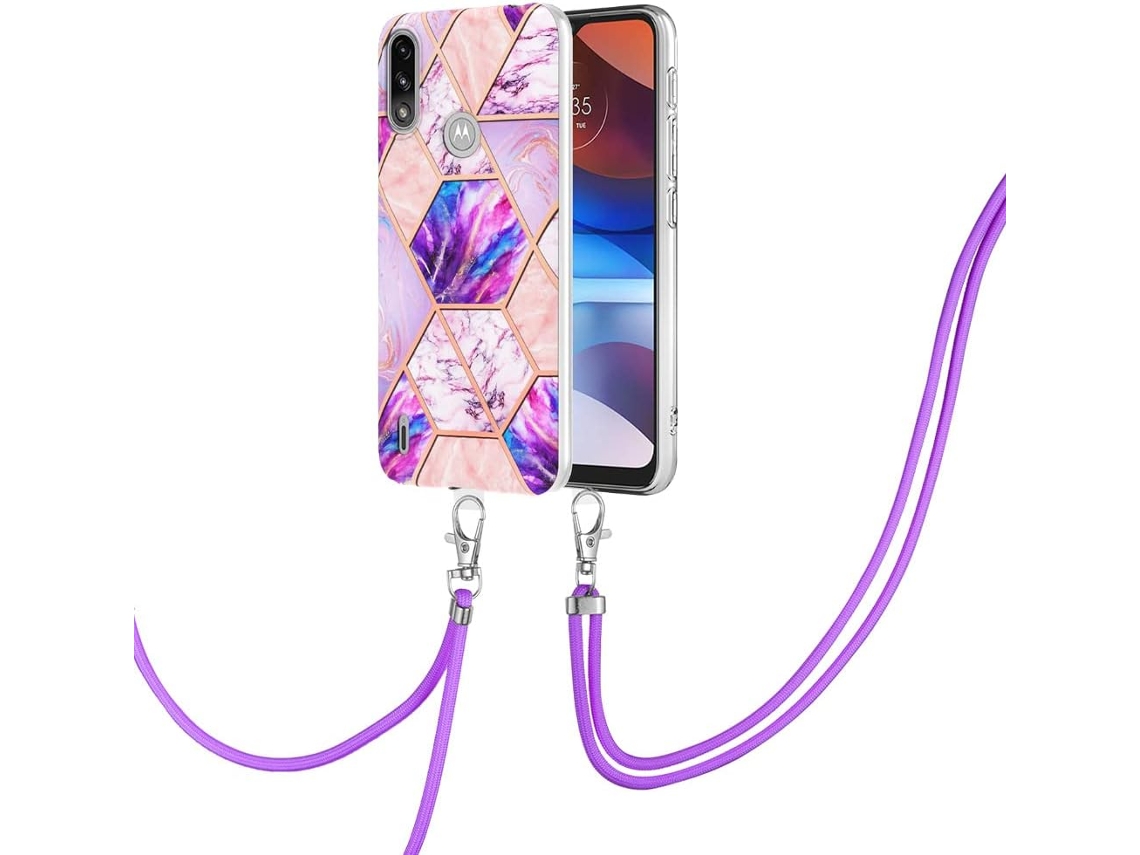 Correia Mármore para Motorola Moto E7 Power HONGWE. Anti-Choque Roxo