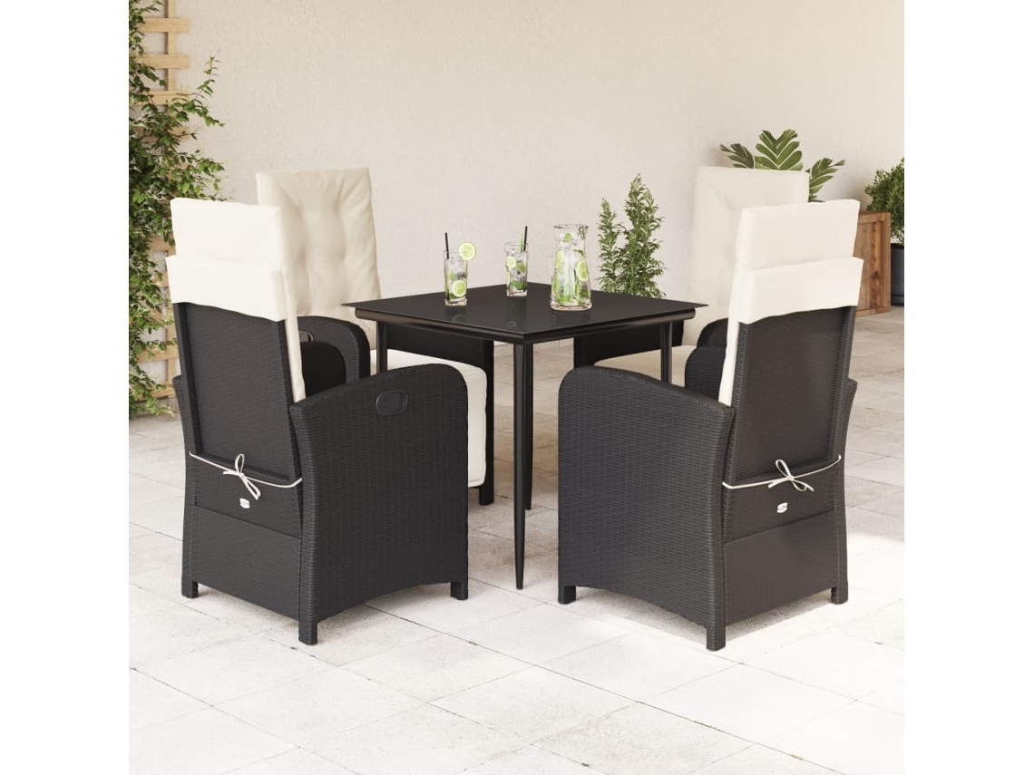 Vidaxl 5 Pcs Conjunto De Jantar P/ Jardim C/ Almofadões Vime Pe Preto