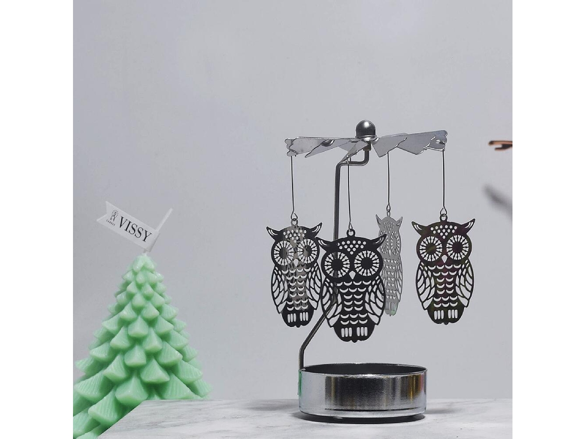 Castiçal Giratório Com Coruja - Porta Velas Decorativo - Castiçal De Mesa - Metal - Prateado