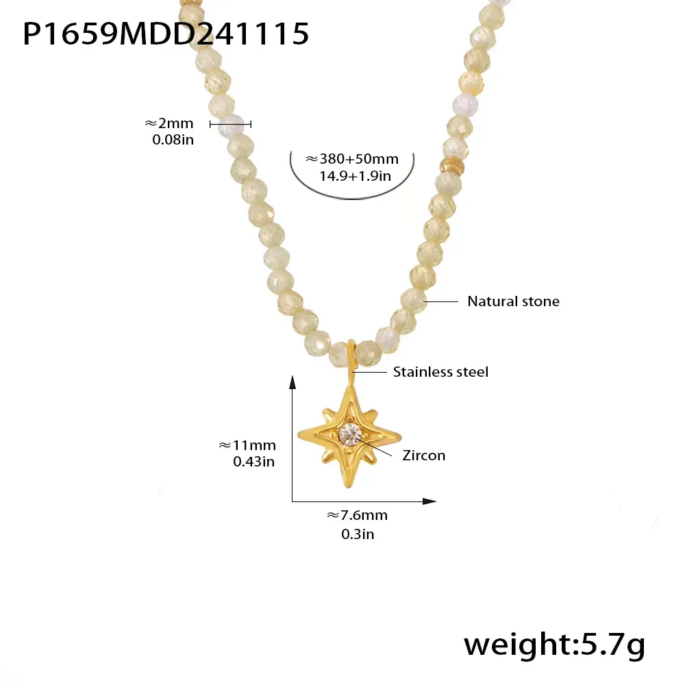 Colar Feminino Com Contas De Pedra Natural E Pingente De Zircônia Em Formato De Estrela.