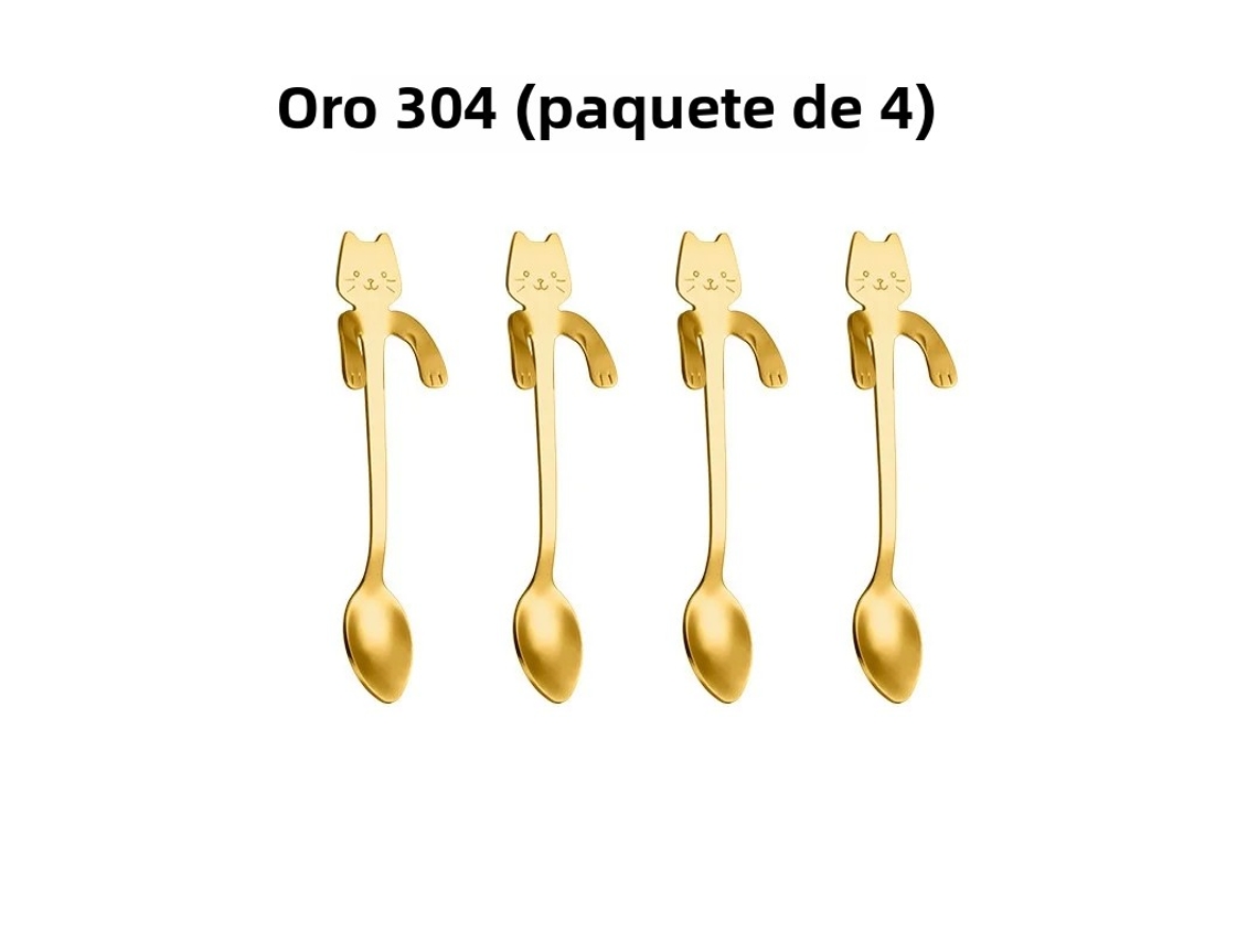 Conjunto de 4 Peças em Dourado. Colheres de Café em Aço Inoxidável 304 com Formato de Gato e Minhoca, Banhadas a Platina e com Borda para Mexer. MDUG