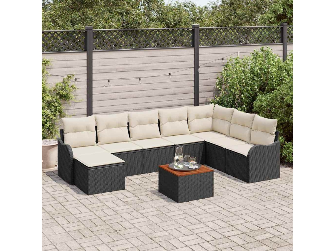 Vidaxl Conjunto De Sofá De Jardim 9 Unid. Preto E Creme Vime Pe