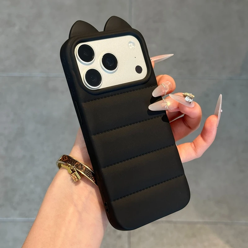 Capa De Silicone Macio Com Orelhas De Gato Para Iphone 16 Plus (preta), Com Estrutura E Parte Traseira À Prova De Choque.