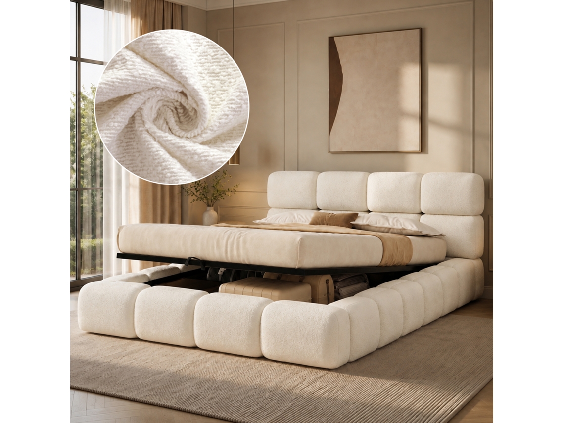 Cama Estofada Bouclé Branco 180x200 Cm