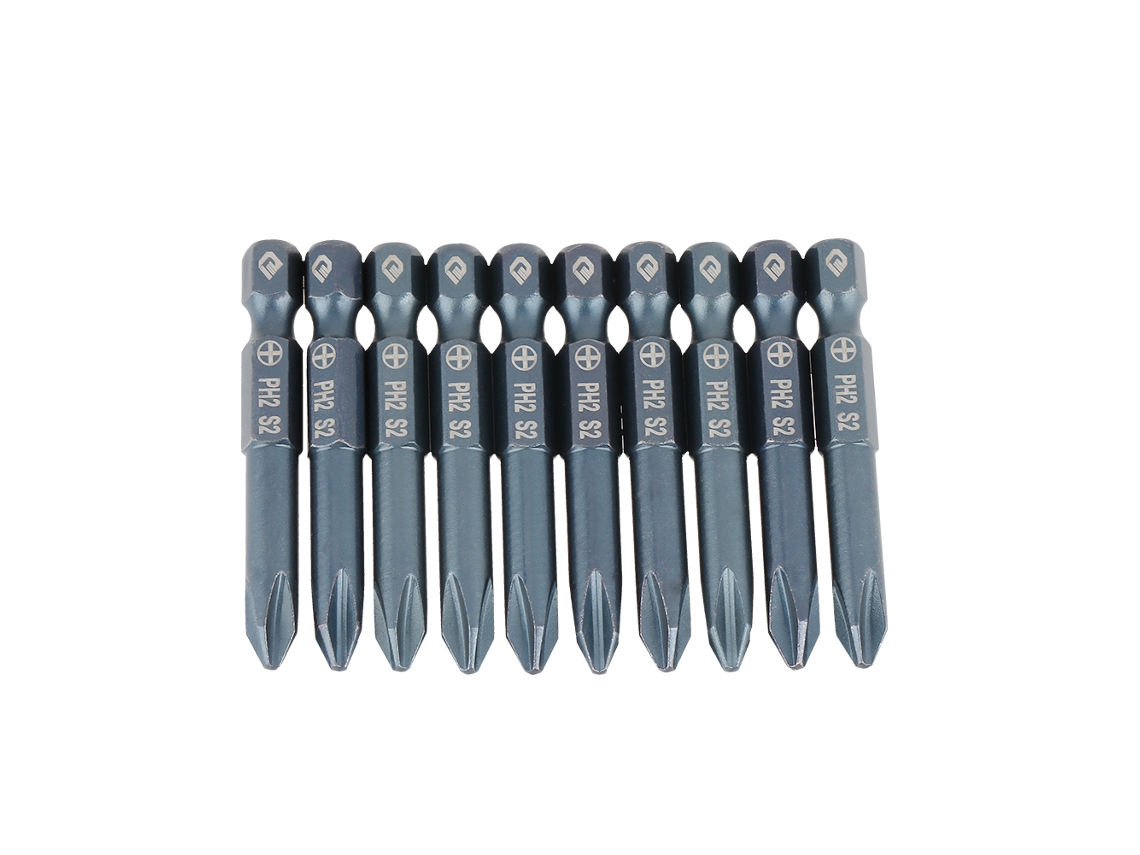 Conjunto de 10 Pontas de Parafuso Cruzado YURU Ph2, em Aço S2, Haste Hexagonal 1/4, 50mm