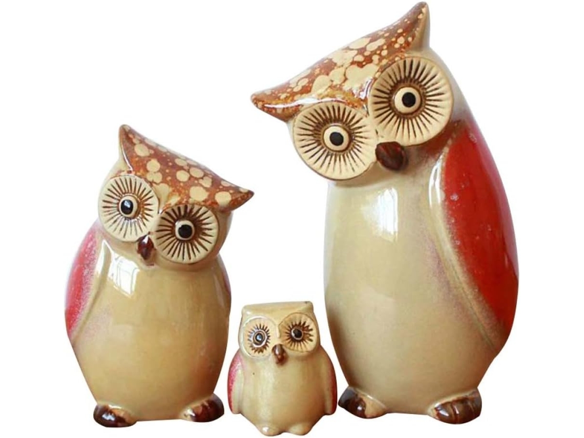 Conjunto 3 Esculturas Corujas Cerâmica Laranja Decoração Peças Criativas Charmosas Estar Quarto Casa Sala GOKOCO