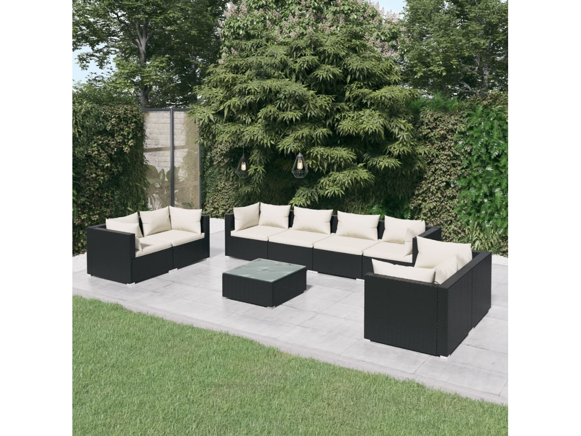 Conjunto Lounge Jardim 9 Peças C/ Almofadões Vime Pe Preto Dkd Home Decor