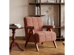 Poltrona Bouclé Com Estrutura De Madeira, Braços, Para Sala De Estar Ou Quarto, Vermelho Enferrujado.