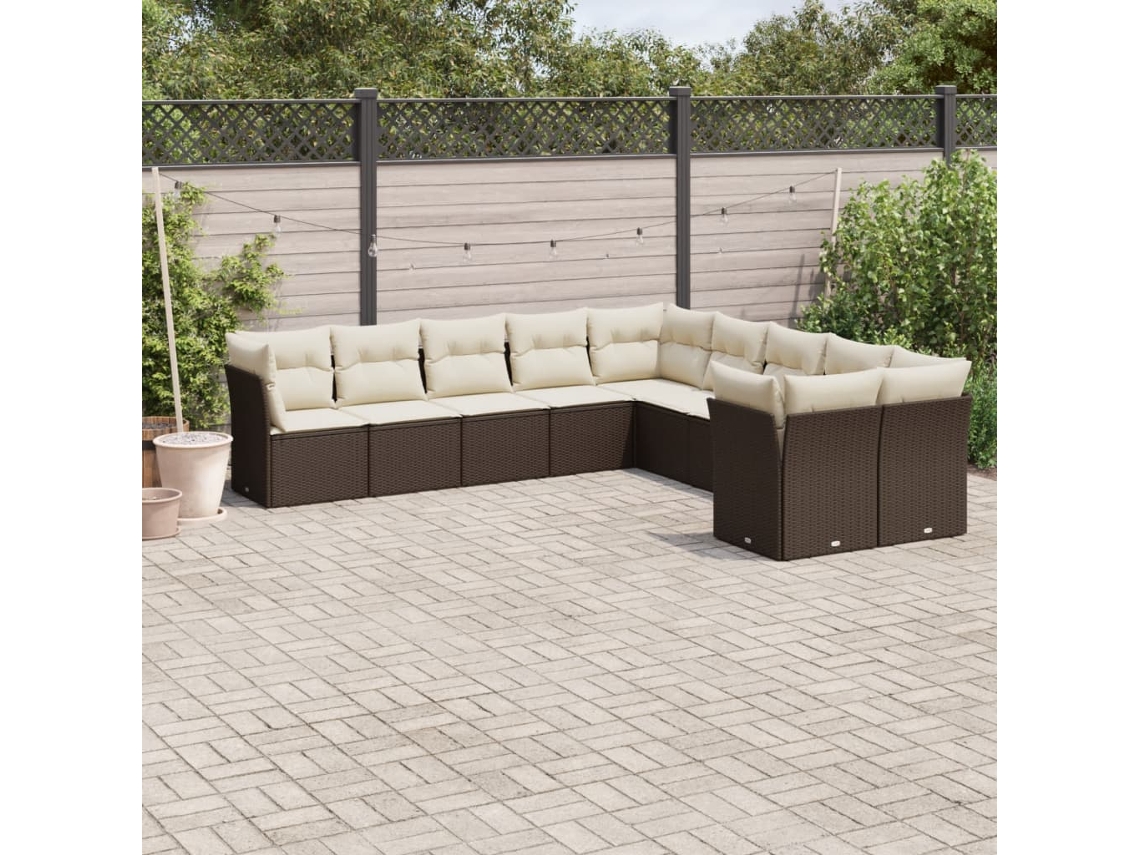 Vidaxl 10 Pcs Conj. Sofás Jardim com Almofadões Vime Pe Castanho