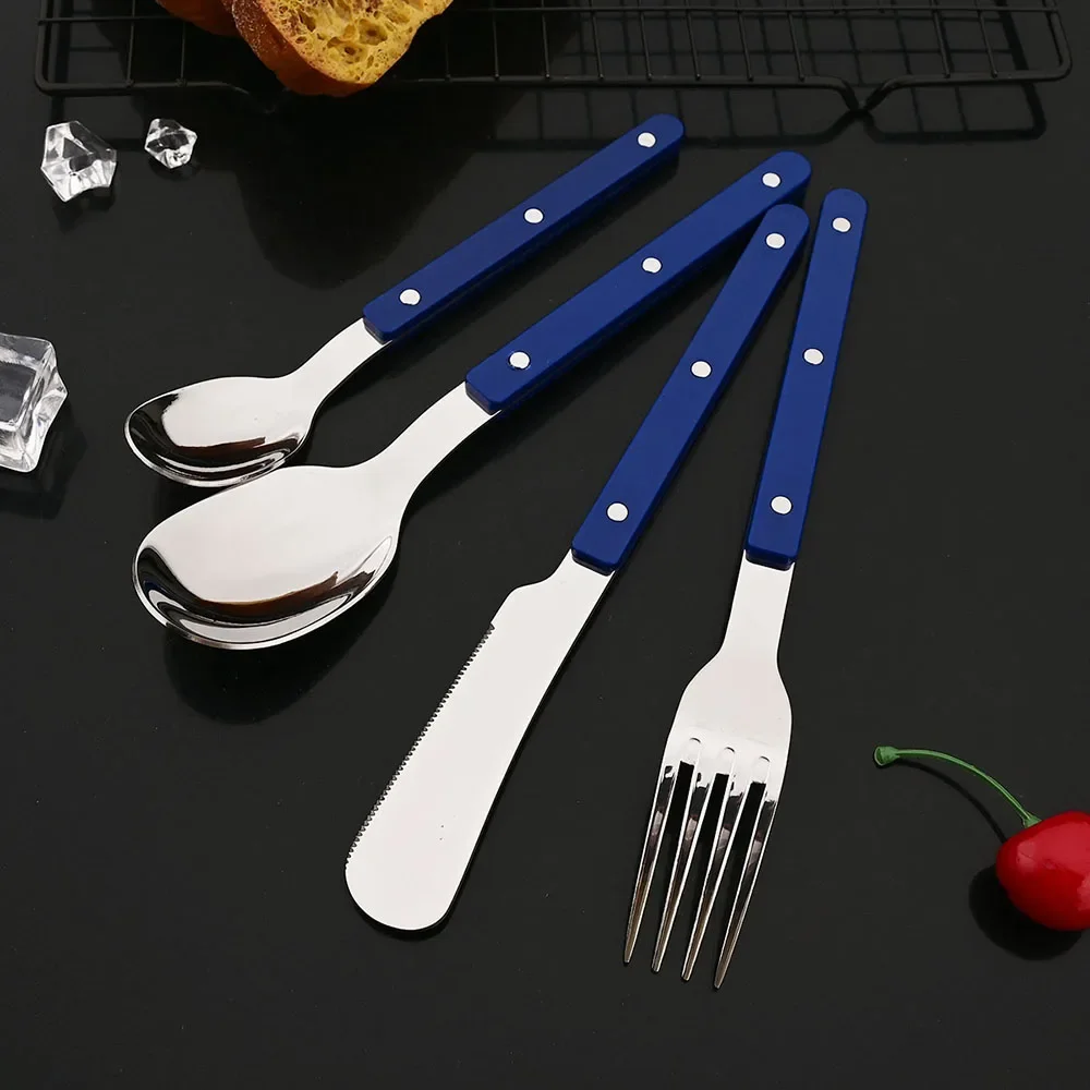 Talheres de Aço Inoxidável com Alça de Acrílico, Incluindo Faca, Garfo e Colher, Cozinha para Uso Doméstico MDUG (azul, Conjunto de 4 Peças)