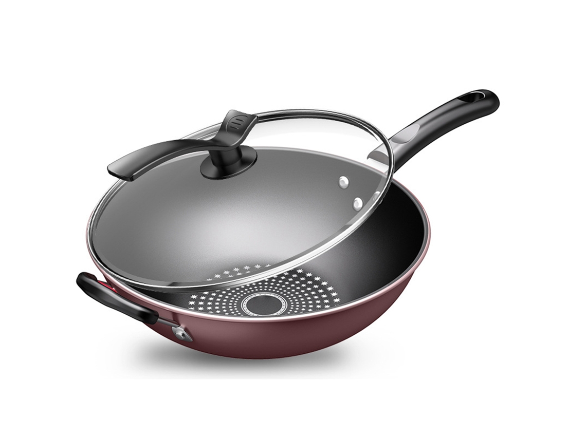 Frigideira Wok Antiaderente de Fundo Plano 34cm com Tampa e Espátula com S/MARCA