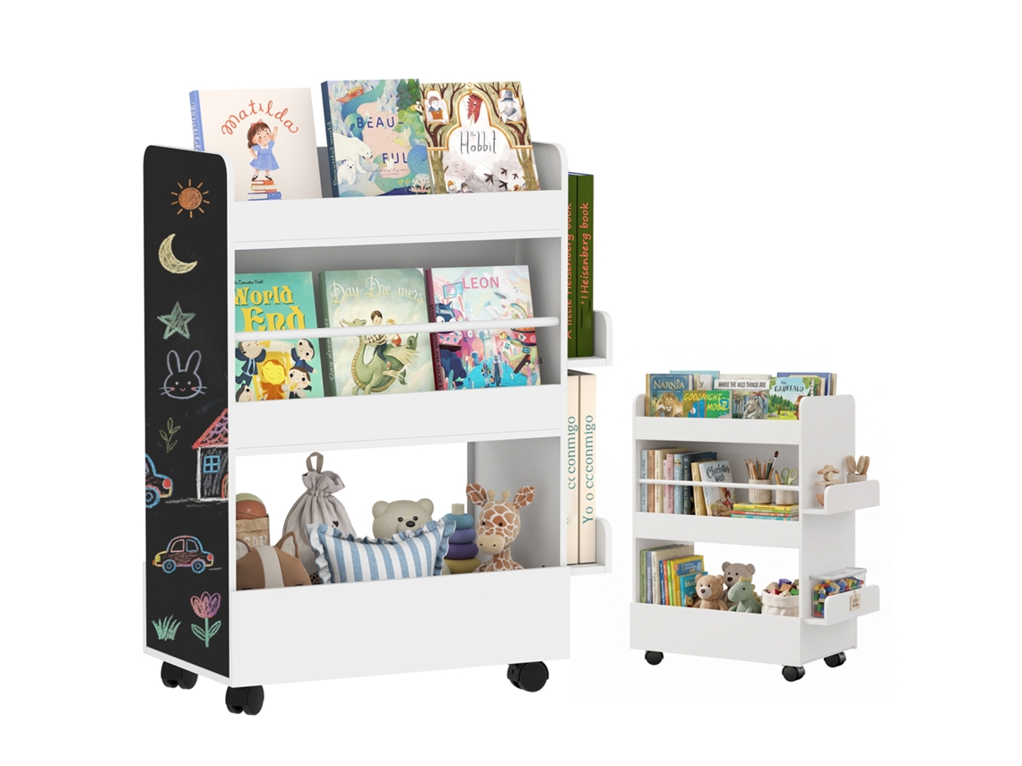 Estante Infantil Com 4 Prateleiras, Compartimento Inferior, 2 Laterais, Quadro, Rodas, Para 3–8 Anos, 66,5x32,5x86,5 Cm Branca