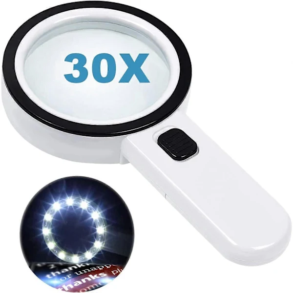 Lupa Manual, 30x, 12 Leds, Mapas, Idosos
