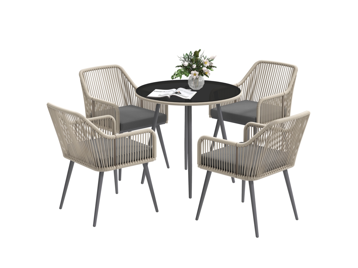 Móveis de Jardim em Resina Trançada com 4 Assentos, Almofadas e Mesa Redonda de Vidro, para Terraço, Jardim, Marrom