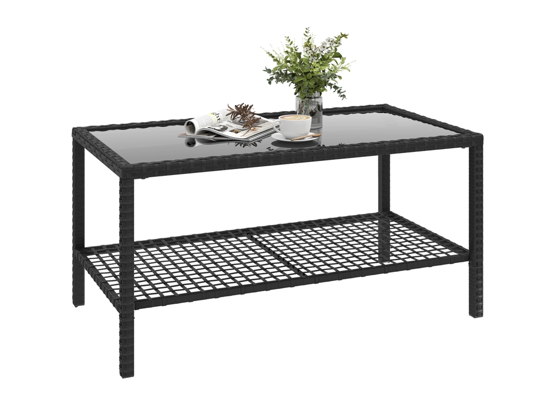 Mesa de Centro de 2 Níveis com Tampo de Vidro Temperado e Prateleira, Aço e Rattan, 92x50x45 Cm, Preta ZENCORE SERVICES