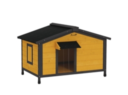 Casa Para Cães De Madeira Casa Para Animais De Estimação Com Teto Asfáltico 2 Janelas Porta Com Cortina 97x72x65 Cm Madeira