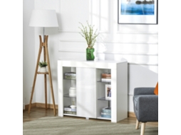 Armário Multiuso Branco Brilhante 97x35x83cm Com Porta, Luzes Led E Prateleiras De Vidro - Aparador Moderno Em Madeira