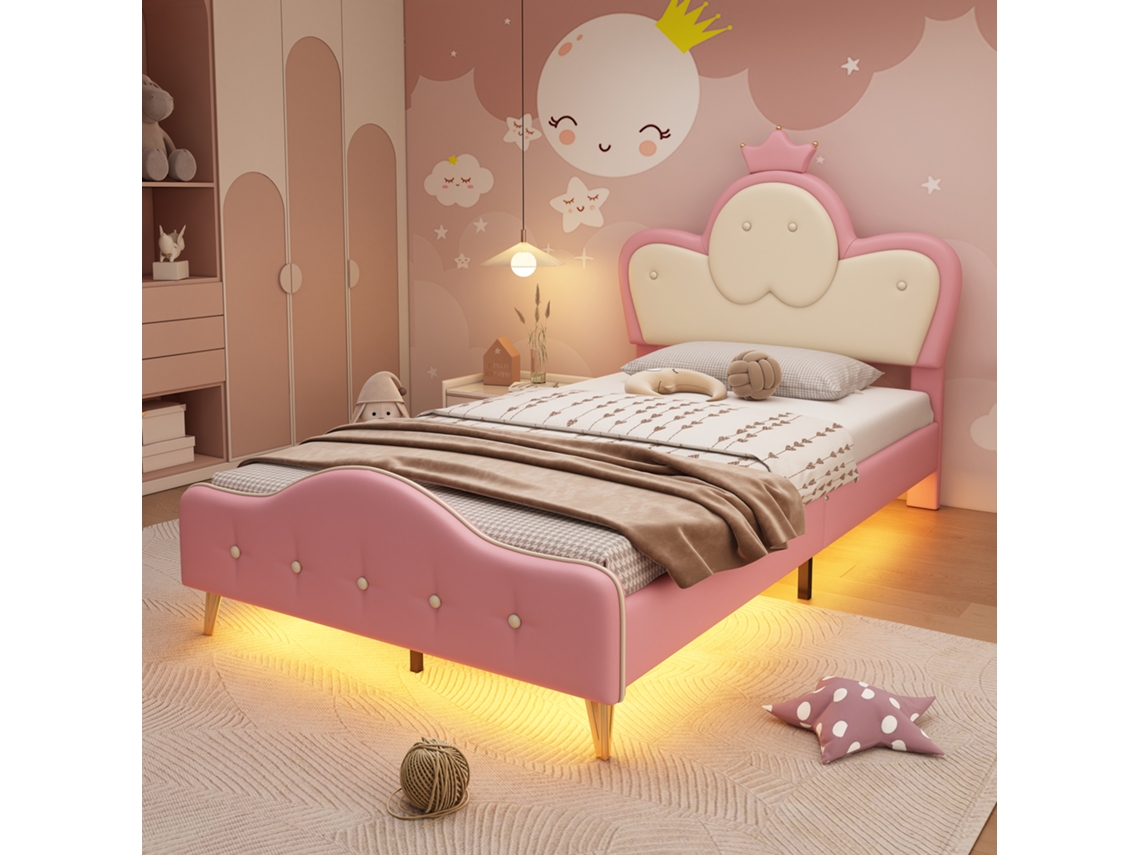 Cama Infantil Polsterbett Rosa Branco 90x200cm Led Proteção Apoio Cabeça