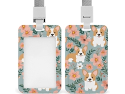 Suporte Crachá com estampa floral de corgi, suporte vertical com cordão, protetor de cartão e à prova d'água para mesa.