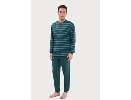 Pijama masculino listrado de malha de algodão com carcela longa The Night Owl