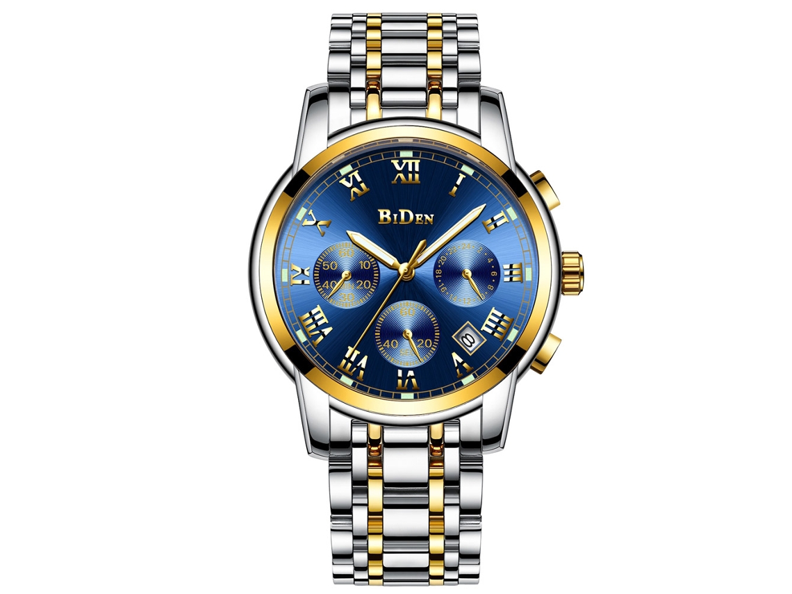 Relógio de pulso masculino Biden, aço inoxidável, à prova d'água, quartzo, azul