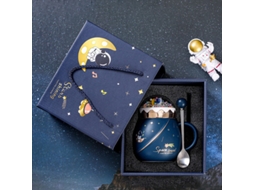 Caneca De Cerâmica Azul-escura Com Tampa E Colher, Série Astronauta, Brinde Corporativo Criativo