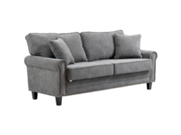 Sofá 3 Lugares S/MARCA, cinza, 196x80,5x89 cm, estofado poliéster, 2 almofadas, tachas douradas