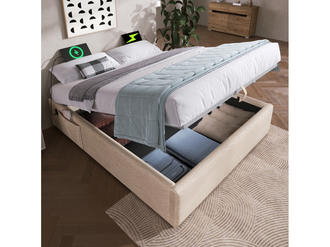 Lit Rembourré Double 160x200 Cm Sans Tête, Usb c, Sommier, Lin VSOGA