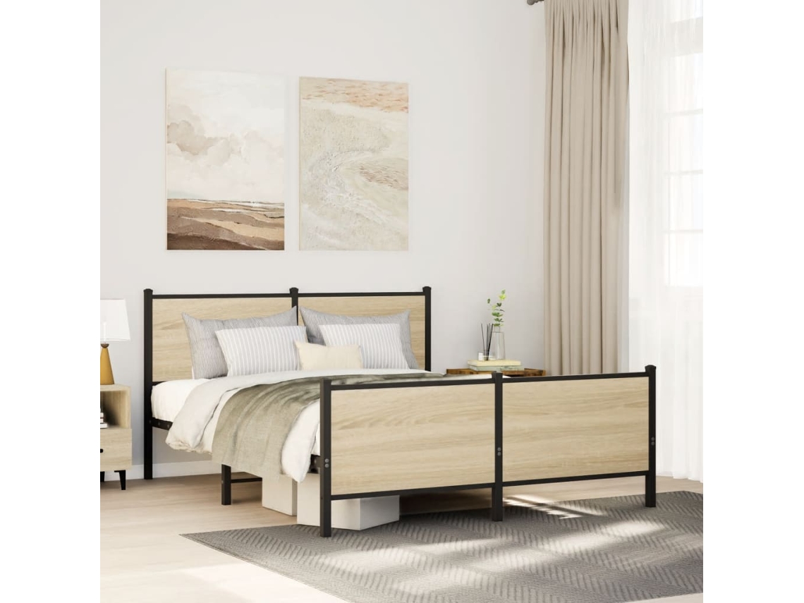 Vidaxl Estrutura de Cama Sem Colchão 140x190 Cm Metal Carvalho Sonoma