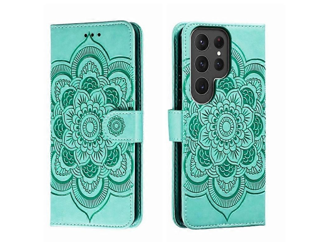 Capa De Couro Para Celular Samsung Galaxy S23 Ultra 5g Com Estampa De Mandala Solar Em Relevo