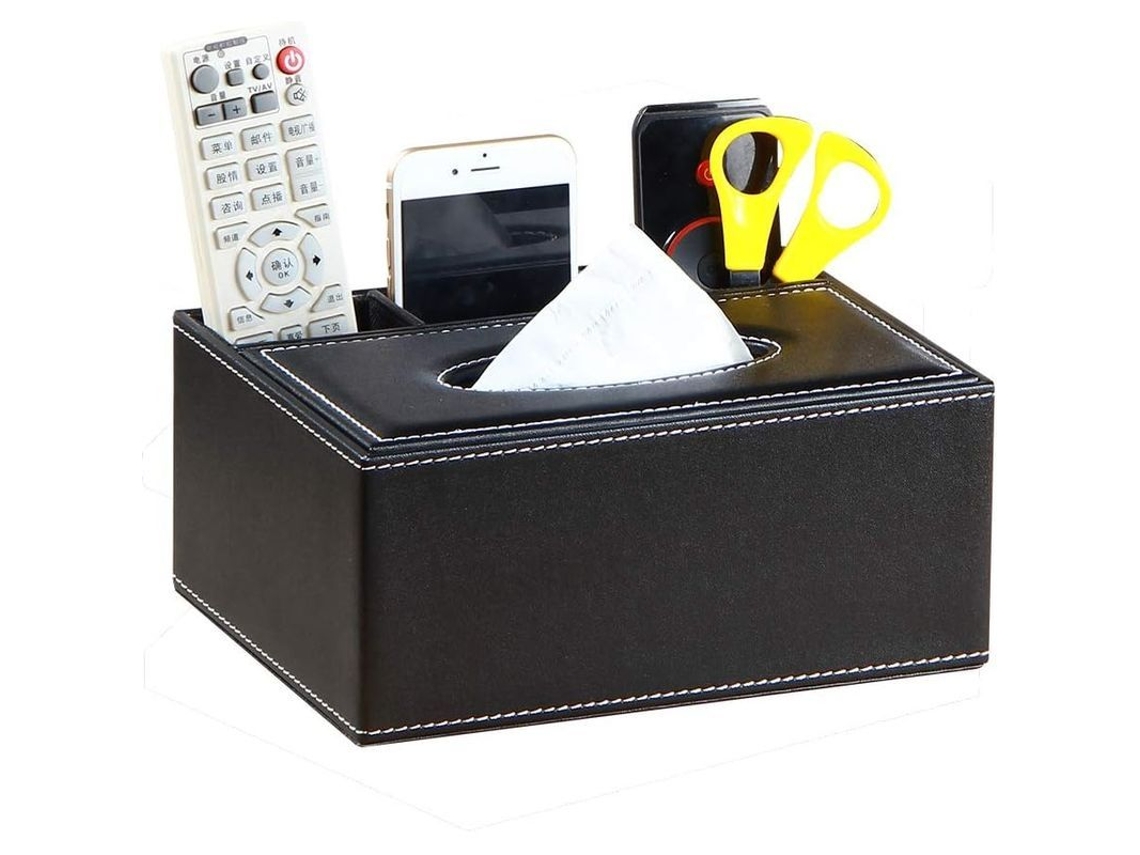 Cubre Caja De Pañuelos Rectangular De Cuero Negro Con Organizador Multifuncional Para Control Remoto Y Papelería