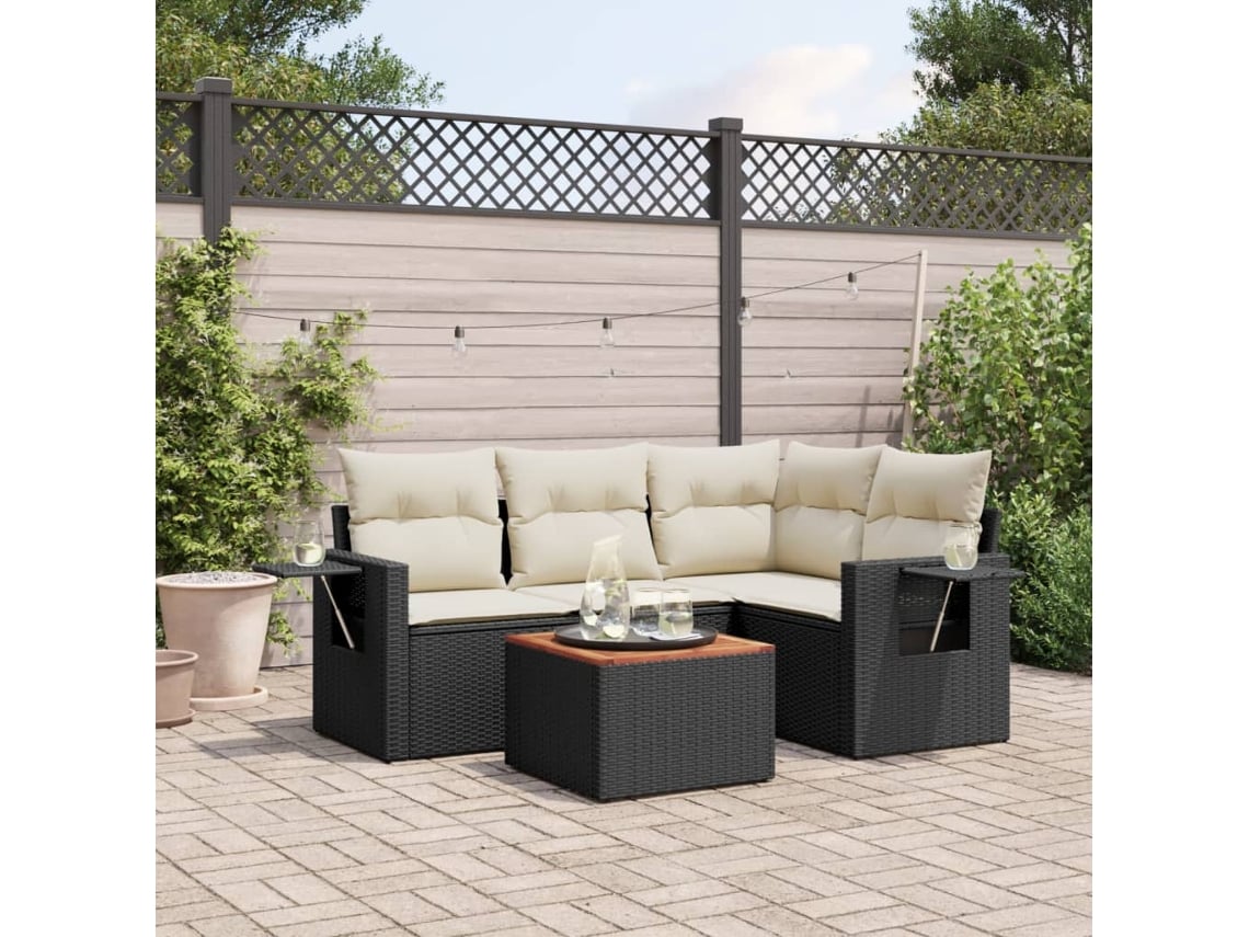 5 Pcs Conjunto Sofás De Jardimconjuntos Relax Jardimconjunto De Jantar Com Almofadões Vime Pe Preto Cfw390926 Lovely Home