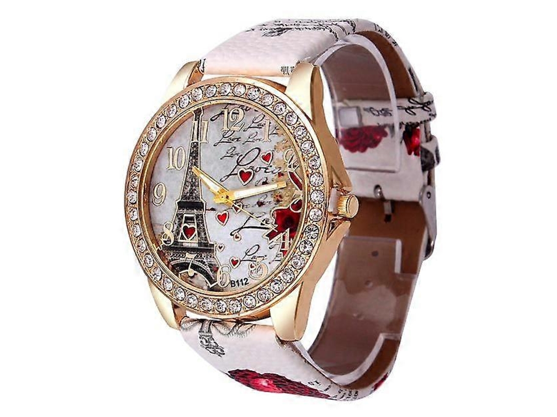 Relógio Feminino Com Pulseira De Couro Estampada Com Torre Eiffel E Corações, Movimento Quartzo.